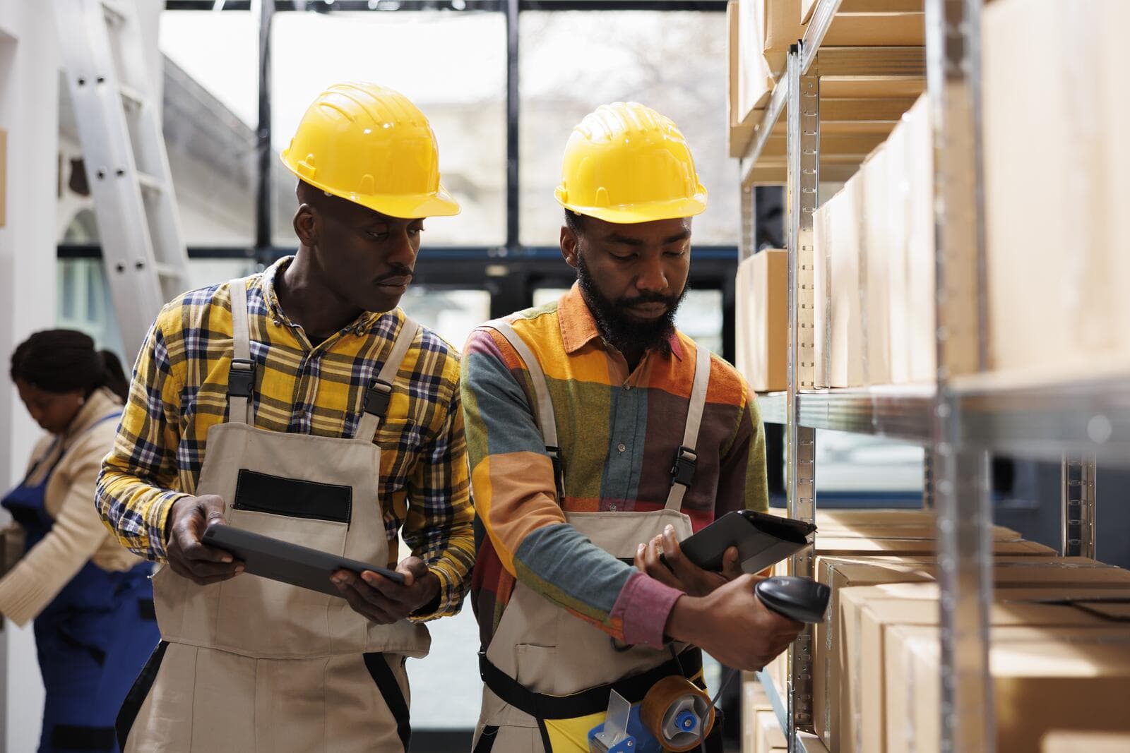 Two workers scanning parcels among shelves